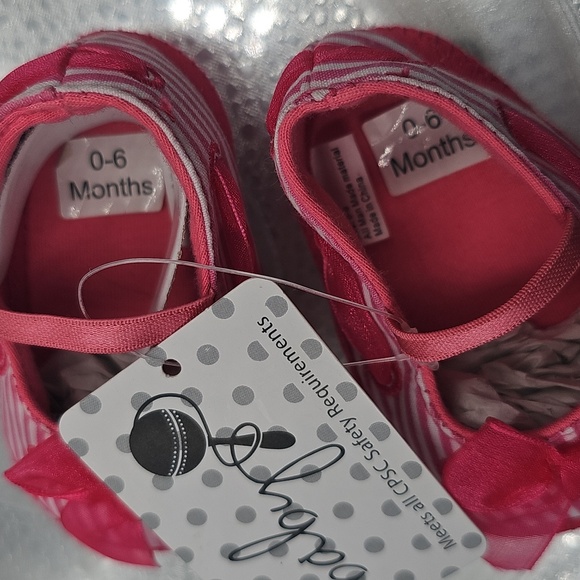 H Baby Brand Cute Little Pink Striped With Bow Mary Jane Shoes Sz 0 - Picture 8 of 8